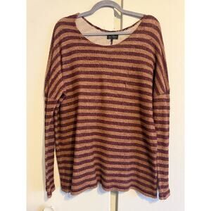 Lucky Brand Womens Size Large Brown & Burgundy Striped Textured Knit Sweater Top
